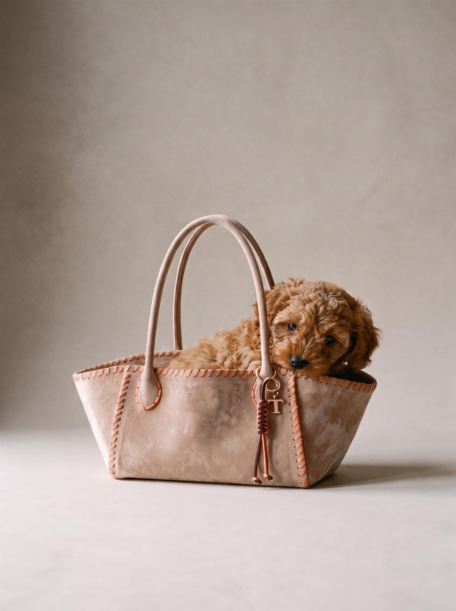 A puppy looking out of the beige Mini
